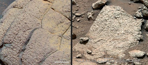 Two images comparing Martian rocks observed by NASA's Opportunity (left photo) and Curiosity (right photo) rovers.