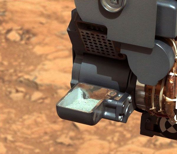 A Mastcam image of the first Martian rock sample extracted by the Curiosity rover's drill.