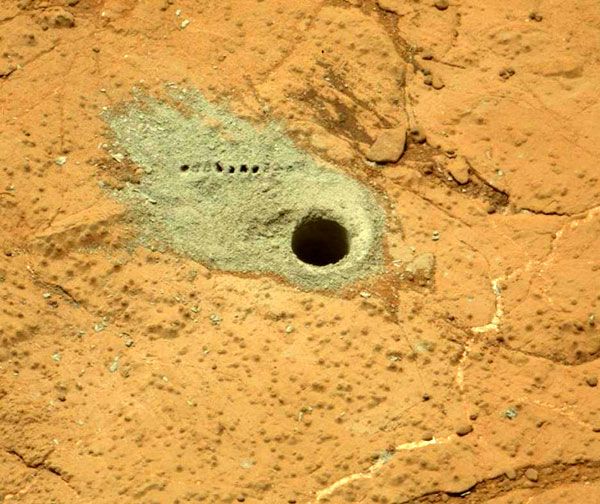 A Mastcam image of a rock target that the Curiosity Mars rover drilled on May 19, 2013.
