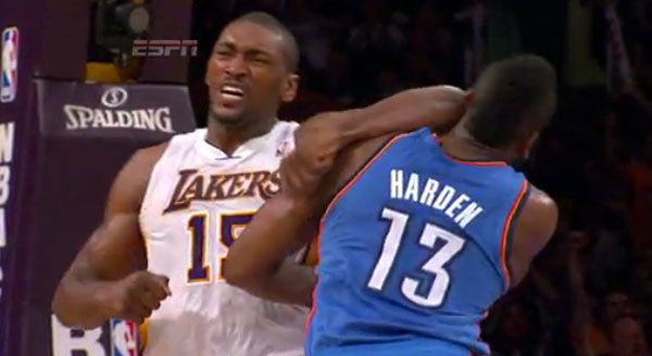 Metta World Peace elbows James Harden in the face during the first half of the Los Angeles Lakers' game against the Oklahoma City Thunder on April 22, 2012. L.A. won in 2OT: 114-106.
