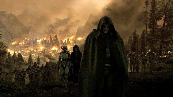 Darth Malgus leads his army away from a city he's just left in ruins.