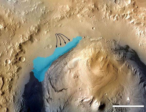 An illustration depicting the concept of a possible ancient lake inside Gale Crater on Mars.