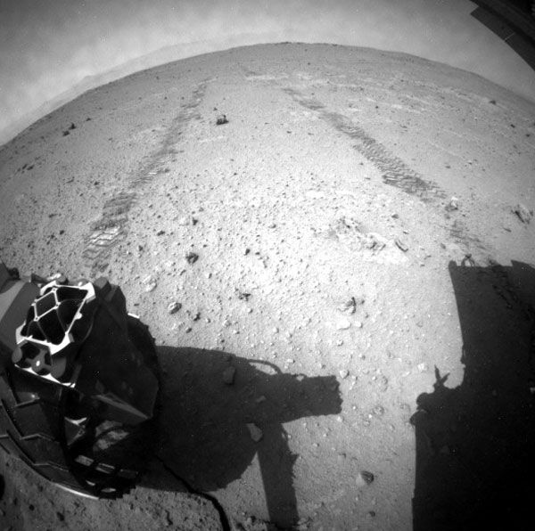 A Navcam image of Curiosity after she drove 110.15 meters (361.39 feet) across the surface of Mars in a single day, on August 22, 2013.