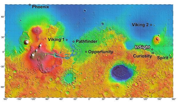A Martian map showing InSight's future landing site as well as the locations of past and present NASA spacecraft on the Red Planet's surface.
