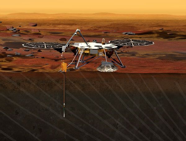 An artist's concept of the InSight lander on the surface of Mars.