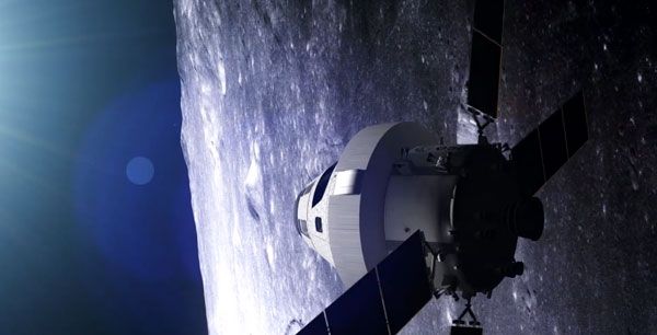 Computer animation depicting an Orion vehicle flying past the Moon as it heads for the asteroid retrieval spacecraft. Computer animation depicting an Orion vehicle flying past the Moon as it heads for the asteroid retrieval spacecraft.