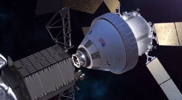 Computer animation depicting an Orion vehicle about to dock with the asteroid retrieval spacecraft. Computer animation depicting an Orion vehicle about to dock with the asteroid retrieval spacecraft.