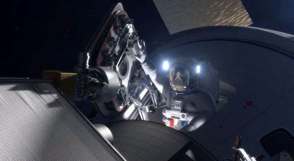 Computer animation depicting an astronaut exiting the Orion vehicle to head to the captured asteroid. Computer animation depicting an astronaut exiting the Orion vehicle to head to the captured asteroid.