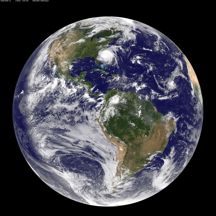 A global image of Earth taken by the GOES-13 weather satellite on August 26, 2011.