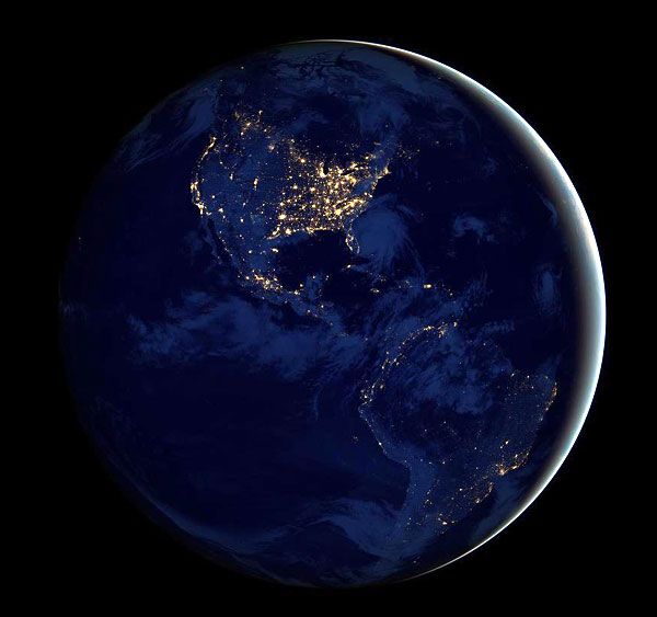 A night view of the Western Hemisphere of Earth as seen by the Suomi National Polar-orbiting Partnership (NPP) satellite, taken around December 5, 2012.