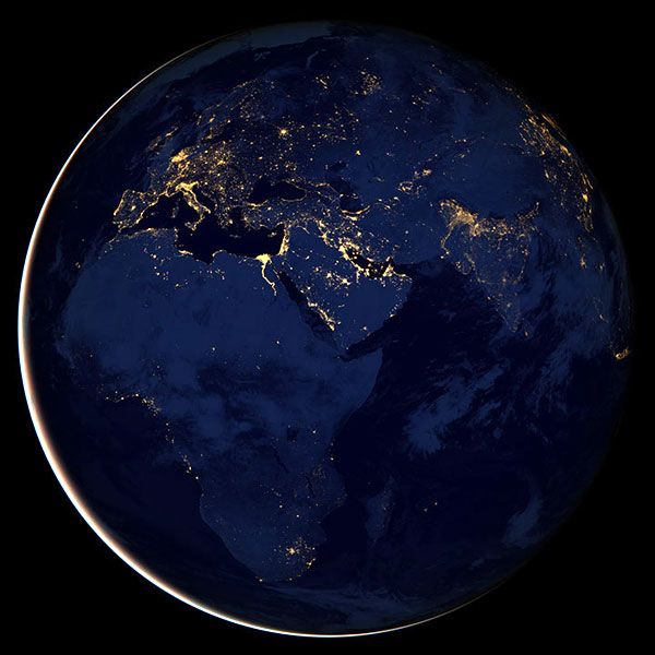 A night view of the Eastern Hemisphere of Earth as seen by the Suomi NPP satellite, taken around December 5, 2012.