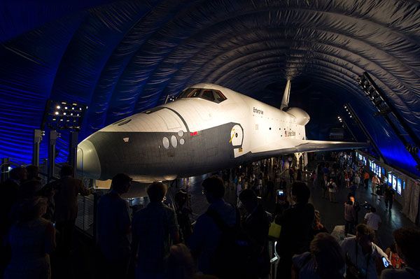 Enterprise is displayed inside the Space Shuttle Pavilion at the Intrepid Sea, Air & Space Museum in New York City, on July 19, 2012.