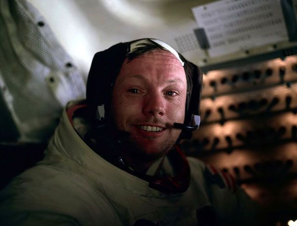Neil Armstrong (who was born on August 5, 1930) poses for a photo by fellow Apollo 11 crew member Buzz Aldrin inside the Eagle Lunar Module, on July 20, 1969.