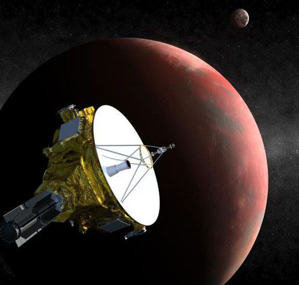 An artist's concept of NASA's New Horizons spacecraft approaching Pluto.