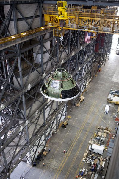 The Orion ground test article undergoes processing inside the Vehicle Assembly Building at NASA's Kennedy Space Center in Florida, on October 22, 2013. The Orion ground test article undergoes processing inside the Vehicle Assembly Building at NASA's Kennedy Space Center in Florida, on October 22, 2013.