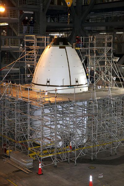 The Launch Abort System shroud that will protect Orion atop the Space Launch System is assembled at NASA's Kennedy Space Center in Florida, on November 7, 2013. The Launch Abort System shroud that will protect Orion atop the Space Launch System is assembled at NASA's Kennedy Space Center in Florida, on November 7, 2013.