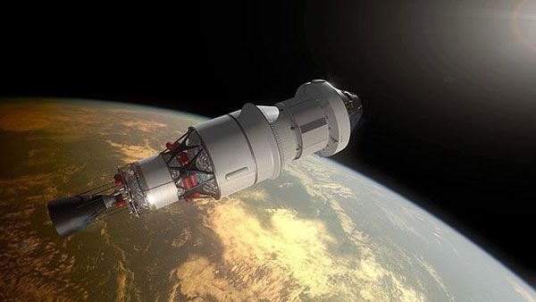 An artist's concept of the Orion vehicle soaring in Earth orbit atop a Delta IV upper stage motor...during Exploration Flight Test-1.