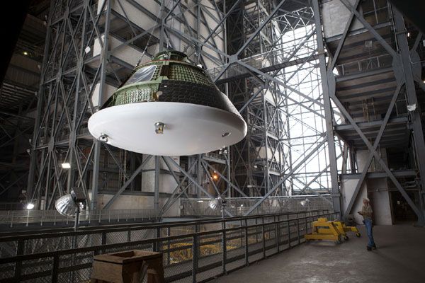 The Orion ground test article undergoes processing inside the Vehicle Assembly Building at NASA's Kennedy Space Center in Florida, on October 22, 2013. The Orion ground test article undergoes processing inside the Vehicle Assembly Building at NASA's Kennedy Space Center in Florida, on October 22, 2013.