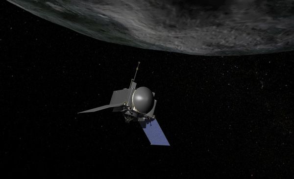 An artist's concept of NASA's OSIRIS-REx spacecraft preparing to take a sample from asteroid Bennu.