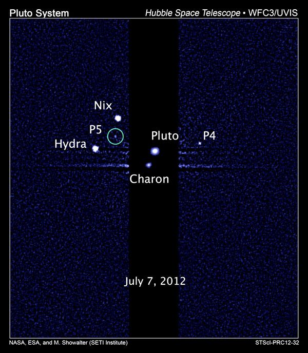 A Hubble Space Telescope image of Pluto and its 5 known moons.
