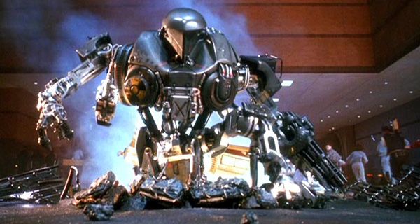 Cain wreaks havoc inside an auditorium in ROBOCOP 2. Cain wreaks havoc inside an auditorium in ROBOCOP 2.