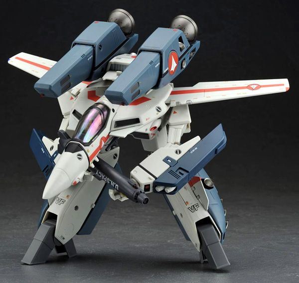 A Valkyrie fighter toy in Gerwalk mode from ROBOTECH.
