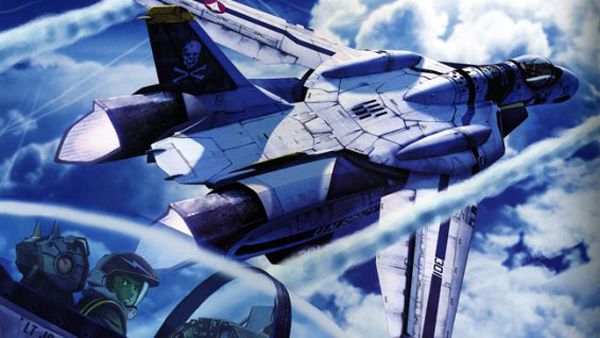 An illustration of an airborne Valkyrie fighter, a.k.a. 'Skull Leader,' from ROBOTECH.