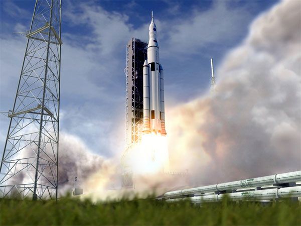 An illustration depicting the SLS lifting off from LC-39B at NASA's Kennedy Space Center in Florida. An illustration depicting the SLS lifting off from LC-39B at NASA's Kennedy Space Center in Florida.