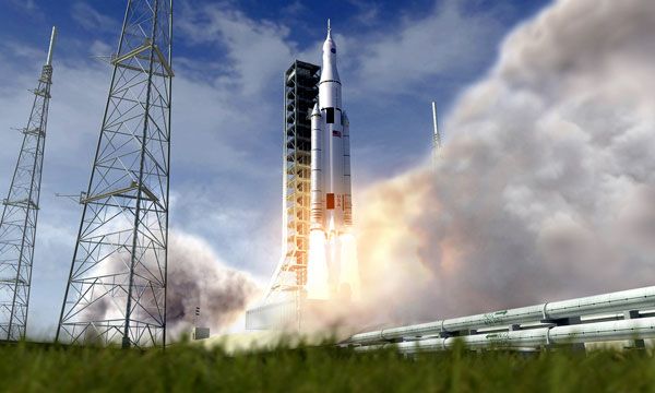 An artist's concept of the SLS lifting off from its pad at NASA's Kennedy Space Center in Florida. An artist's concept of the SLS lifting off from its pad at NASA's Kennedy Space Center in Florida.