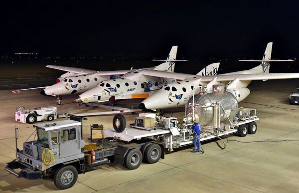Nitrous oxide is loaded into SpaceShipTwo the night before another glide test is conducted above California's Mojave Desert, on April 12, 2013. Nitrous oxide is loaded into SpaceShipTwo the night before another glide test is conducted above California's Mojave Desert, on April 12, 2013.