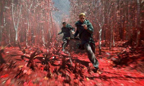 Captain Kirk and Dr. Leonard 'Bones' McCoy (Karl Urban) run through an extraterrestrial forest in STAR TREK INTO DARKNESS. Captain Kirk and Dr. Leonard 'Bones' McCoy (Karl Urban) run through an extraterrestrial forest in STAR TREK INTO DARKNESS.