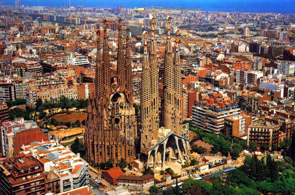 An aerial view of the Temple Sagrada Família...which isn't set to be completed till 2026 or 2028.