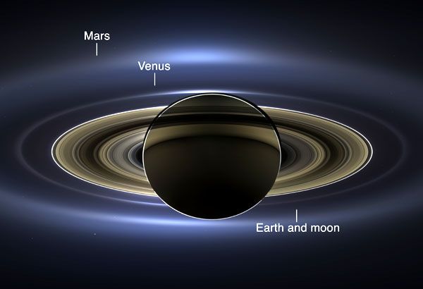 An annotated version of the Saturn image that was taken by NASA's Cassini spacecraft on July 19, 2013...with Venus, Earth, its Moon and Mars pinpointed in the photo.