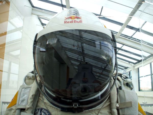 A close-up of Felix Baumgartner's 'spacediver' flight helmet at the California Science Center in Los Angeles, on October 13, 2013.