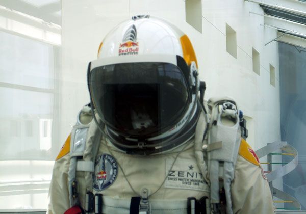 A close-up of Felix Baumgartner's 'spacediver' flight suit at the California Science Center in Los Angeles, on October 13, 2013.
