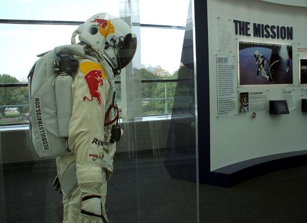 Felix Baumgartner's 'spacediver' flight suit on display at the California Science Center in Los Angeles, on October 13, 2013.