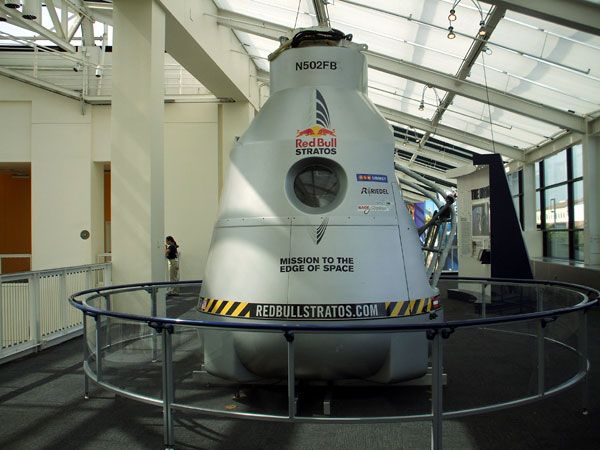 The Red Bull Stratos capsule used for Felix Baumgartner's historic space jump...on display at the California Science Center in Los Angeles, on October 13, 2013.