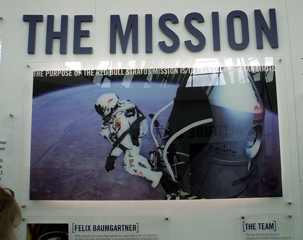 An iconic photo of Felix Baumgartner leaping out of the Red Bull Stratos capsule for his historic space jump...on display at the California Science Center in Los Angeles, on October 13, 2013.