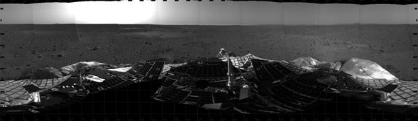 A mosaic taken with the Spirit rover's navigation cameras after landing on Mars on January 4, 2004.