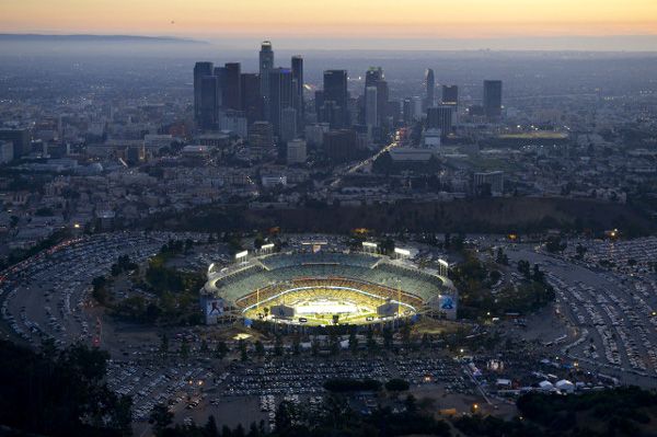 An aerial view of Dodger Stadium, where the Anaheim Ducks defeated the Los Angeles Kings, 3-0, at an outdoor hockey rink on January 25, 2014.