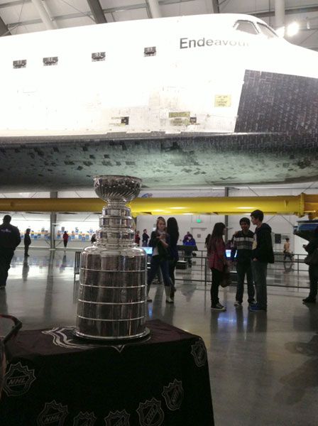 The Stanley Cup trophy is displayed near space shuttle Endeavour inside the Samuel Oschin Pavilion at the California Science Center...on November 30, 2012.