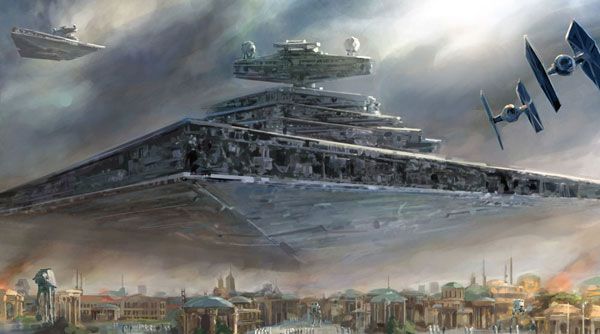 An illustration showing Imperial Forces invading a city that looks like Naboo from the STAR WARS prequels.