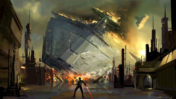 Another illustration showing Starkiller using the Force to bring down a Star Destroyer in STAR WARS: THE FORCE UNLEASHED.