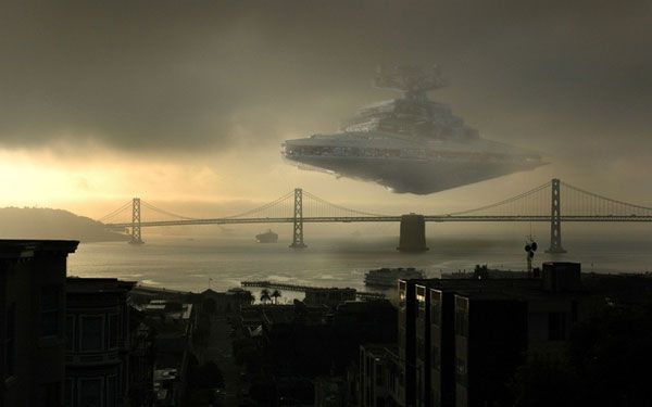 Cool artwork showing a Star Destroyer approaching San Francisco Bay.