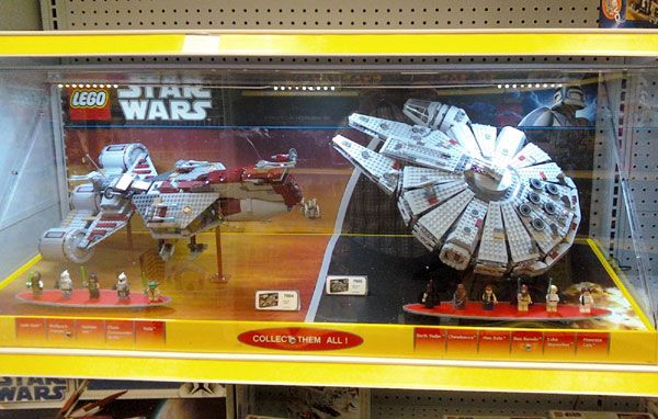 Republic Cruiser (from THE PHANTOM MENACE) and Millennium Falcon LEGO® sets at the local Toys'R'Us store.