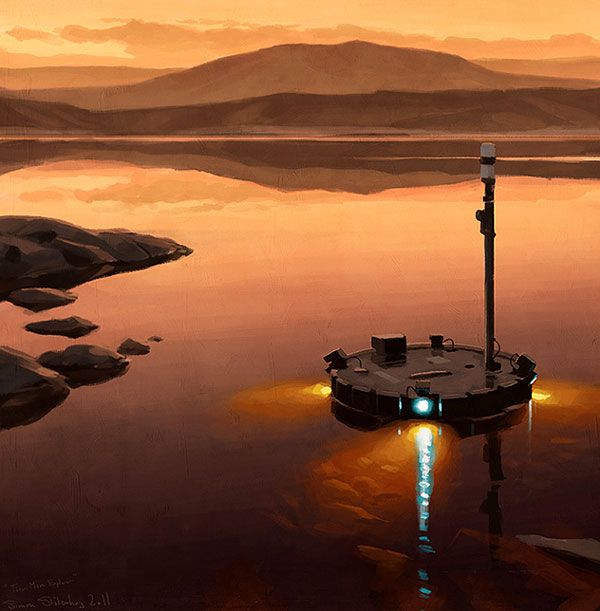 An artist's concept of the Titan Mare Explorer (TIME) floating in a lake on Saturn's moon Titan.