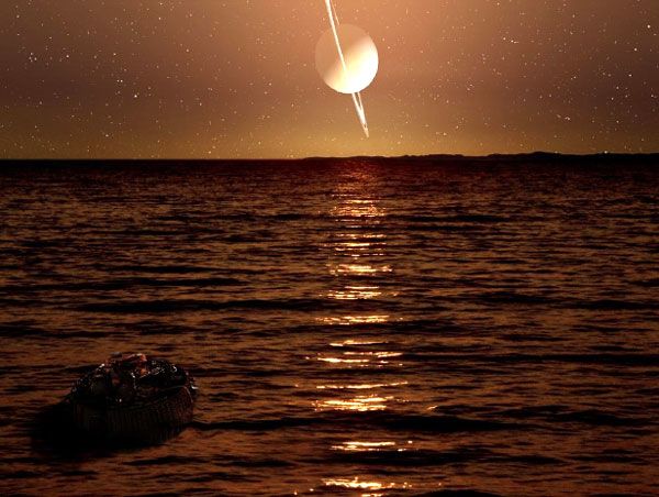 An artist's concept of TIME floating in a lake on Titan...with Saturn glowing in the night sky.