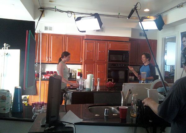 Rachel Nichols films a scene inside the mansion's kitchen.