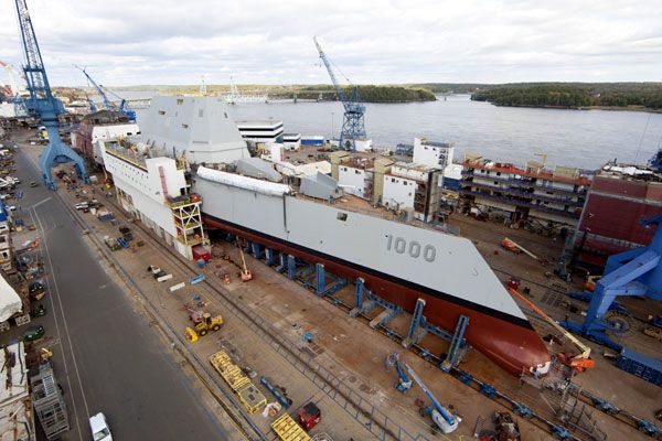 The USS Zumwalt undergoes construction at the Bath Iron Works shipyard in Maine.
