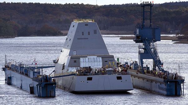 The USS Zumwalt floats off a submerged dry dock in the Kennebec River in Maine, on October 28, 2013.